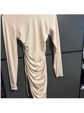Oh Polly Long Sleeve Ruched Midi Dress in Blush
